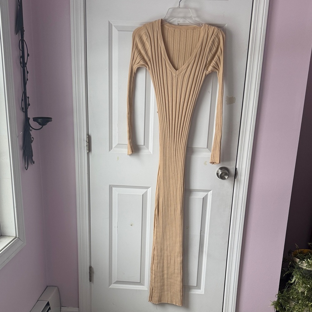 Elegant Tan Ribbed Knit Dress